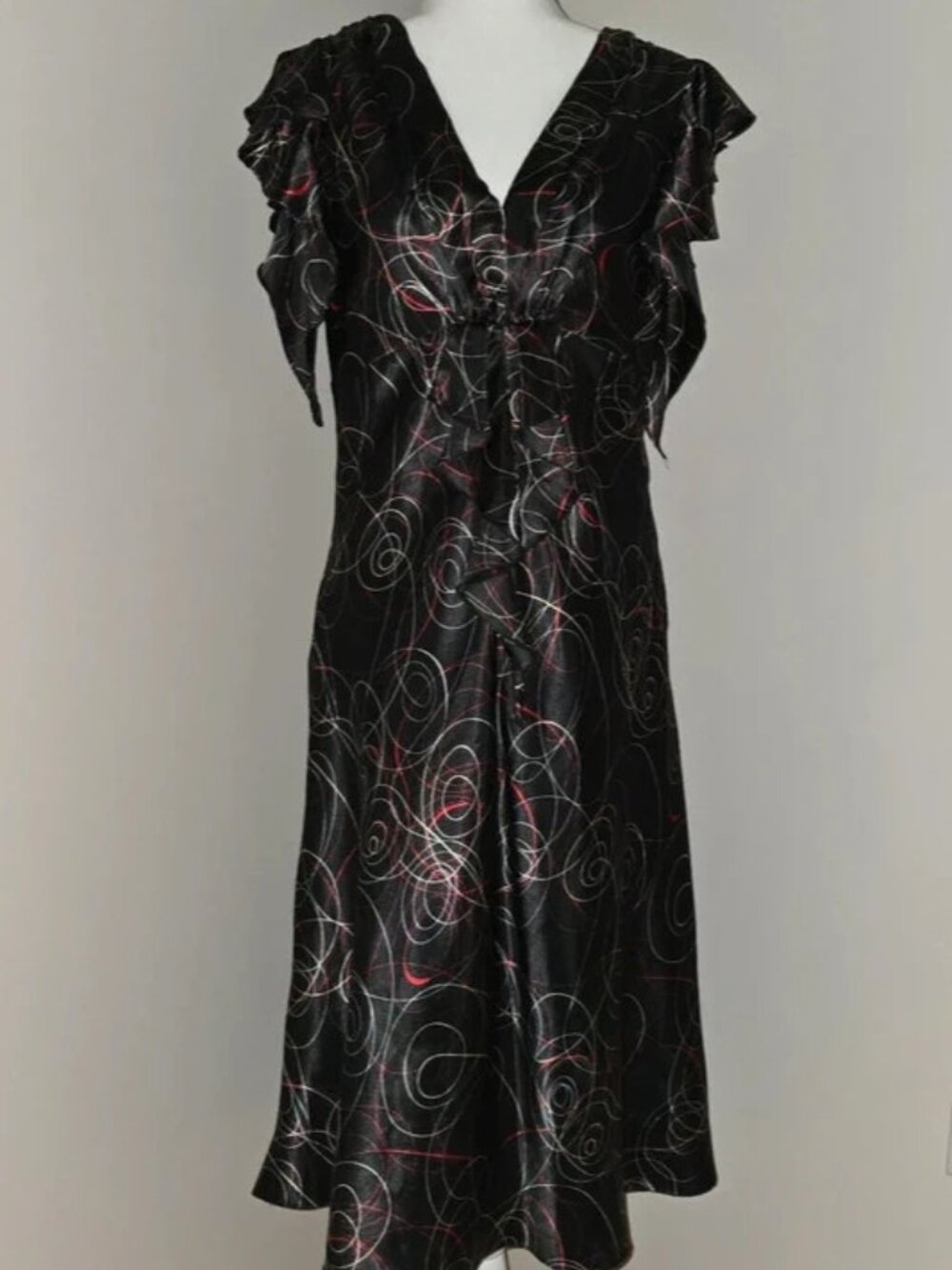 Metaphor Y2K whimsigoth black abstract red swirl ruffle midi dress